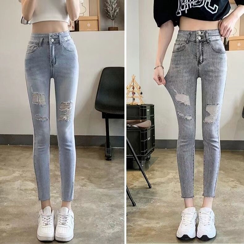 Summer Ripped Women's Stretch Jeans High-Waisted Slim-Fit Versatile Skinny Pants Spring and Autumn Slim-Fit Tight-Fitting Cropped Pants