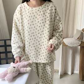 韩国ins女士秋冬韩系小碎花简约舒适睡衣套装休闲宽松慵懒家居服