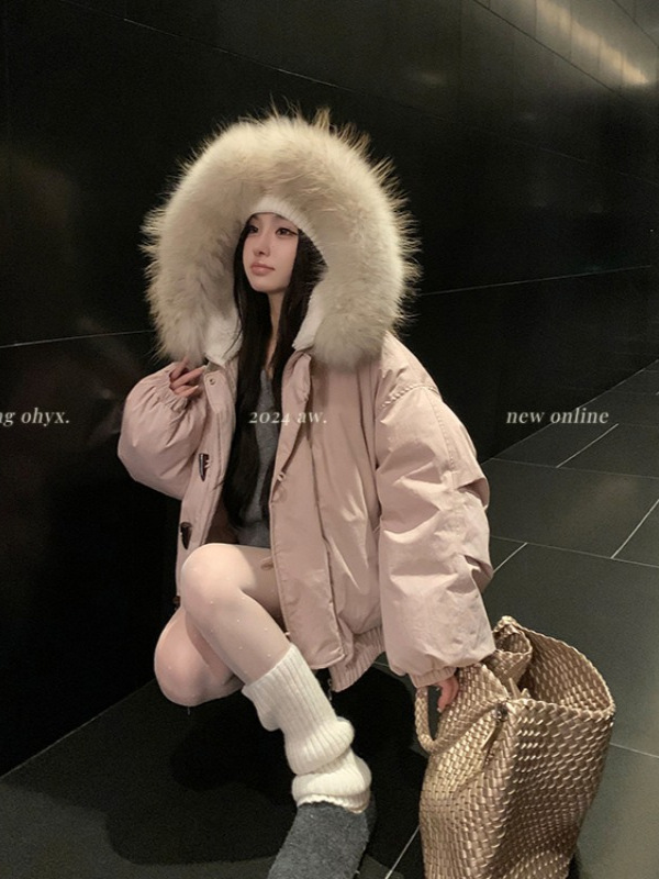 牛角扣大毛领连帽棉服外套女冬季韩系小个子加厚工装派克服|undefined