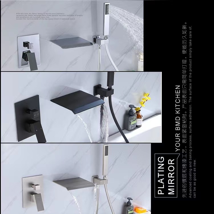 New Nordic waterfall bathtub faucet, concealed cold and hot wall-mounted black built-in faucet shower head details Picture