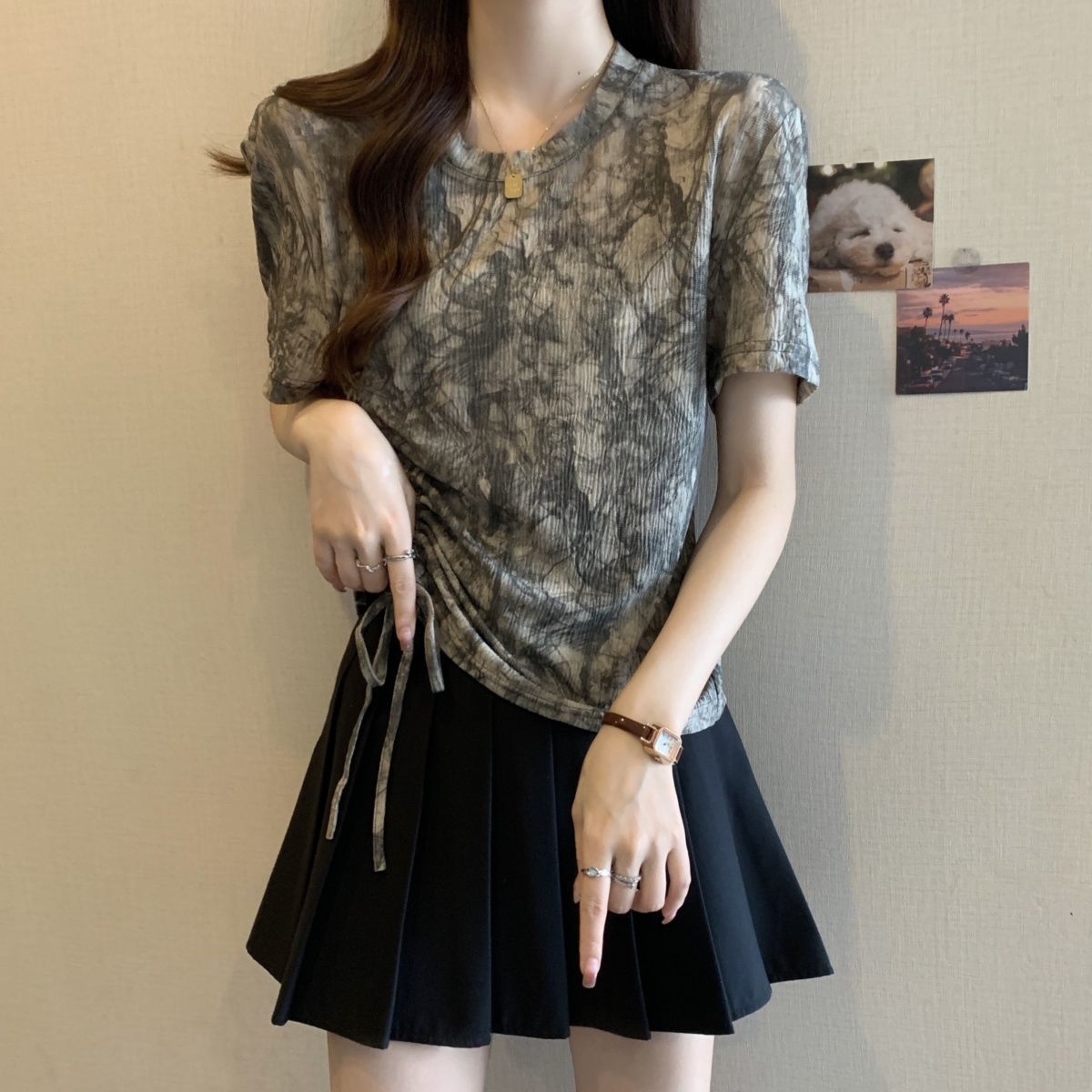 Camiseta de manga corta con cordón de teñido anudado de tinta de estilo nacional de gran tamaño para mujer verano nuevo estilo suelto y delgado top de hombro de tendencia para mujer image 8