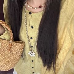 度假风镂空金属扶桑花朵吊坠绿色编绳项链女小众设计长毛衣链配饰