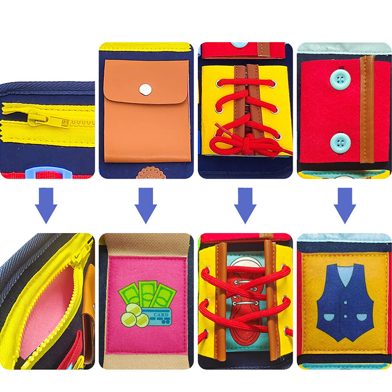 Tablero de aprendizaje de los niños al por mayor juguetes de educación temprana vida Sentido Común vestir encaje fieltro bolsa niño fieltro tablero ocupado