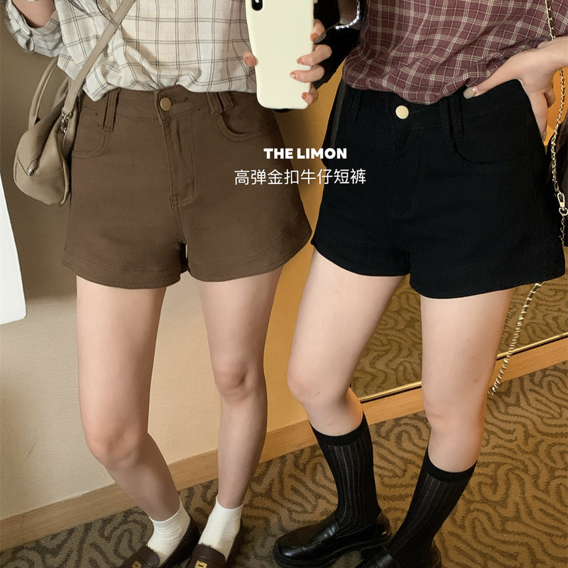 the limon柠檬绿茶2025秋季复古高腰显瘦金扣牛仔裤阔腿短裤女|undefined