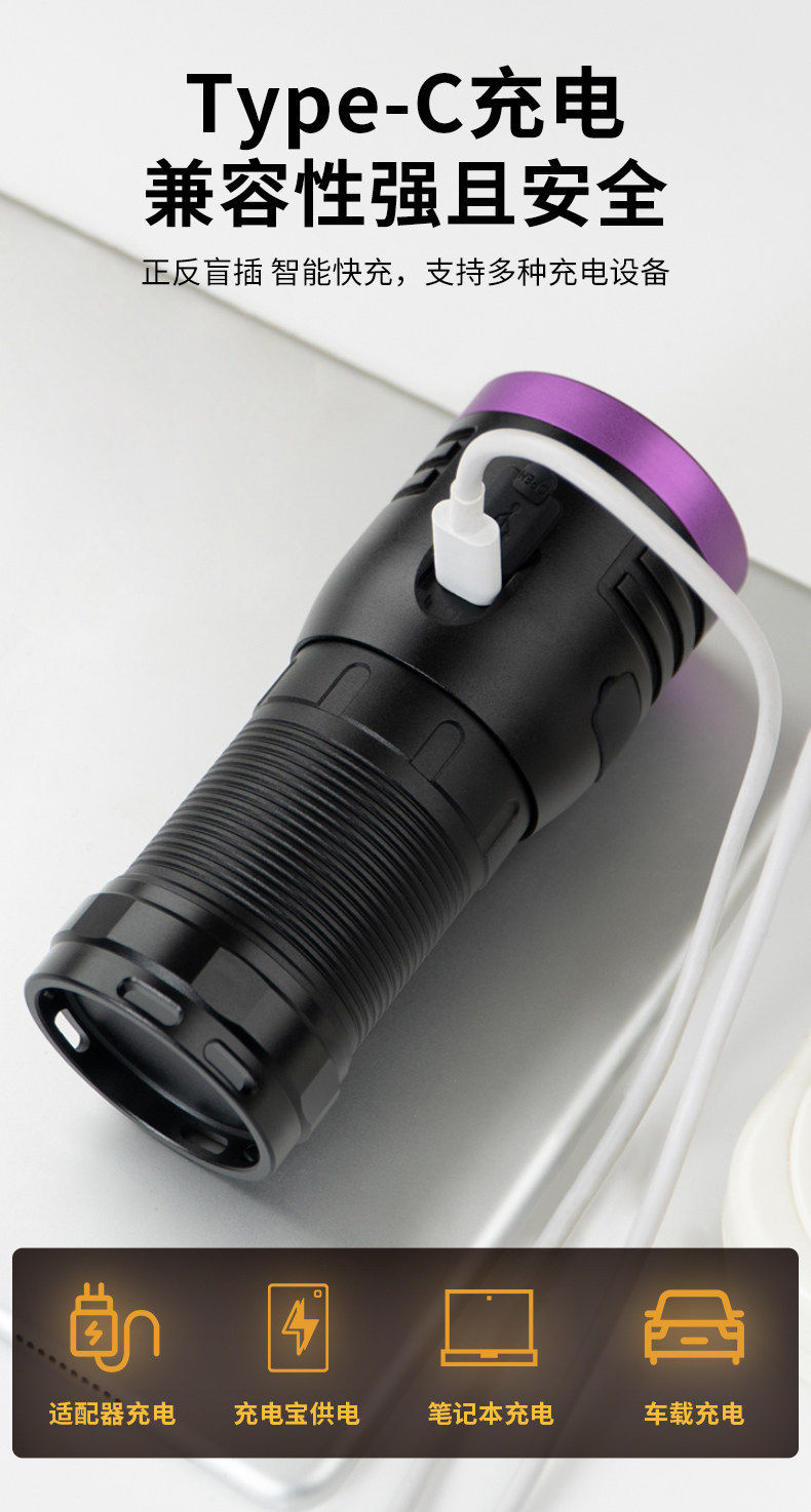 Purple Light 65Nm Power Fluorescent Detection Ultraviolet Flashlight for Currency Verification and Anti-Counterfeiting Identification