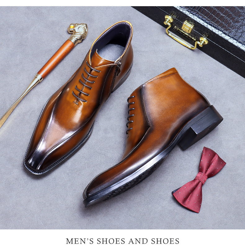 Kožené boty Velkoobchodní továrna Britské martinské boty Pravá kůže Módní společenské boty Špičatá špička Zip Vysoké kožené boty Kotníkové boty_voghion.com