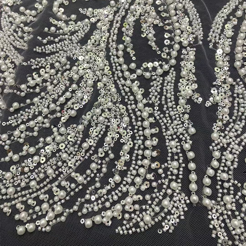 Tela de encaje francesa con lentejuelas de alta resistencia para vestidos de novia, bordado con cuentas y bordado 3D al por mayor de fábrica.