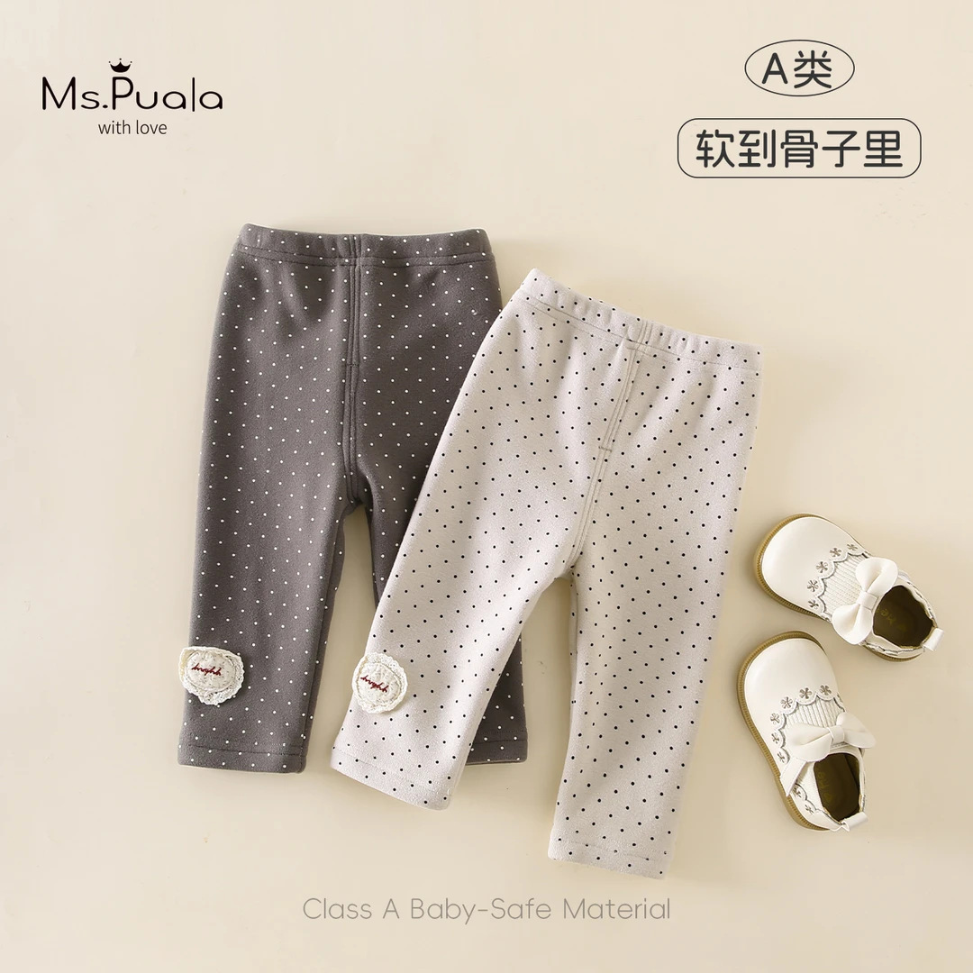 Autumn and Winter New Small Warm Particle A-Class Children's Clothing Pants Infant Long Pants Soft Girl Baby Polka Dot Letter Fleece-Lined Leggings