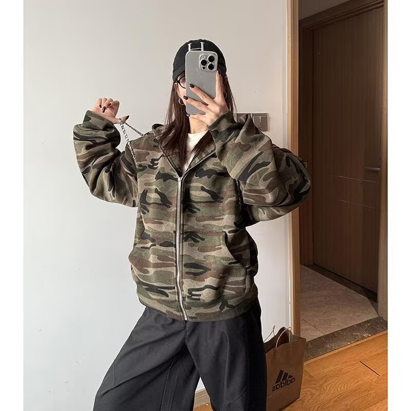 美式复古特种兵迷彩街头连帽卫衣拉链开衫外套男女春款宽松百搭外|undefined