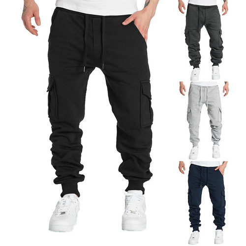 Men's Casual Pants with Multiple Pockets, Large Size, Sporty Style, Men's Fleece Casual Pants for Autumn and Winter