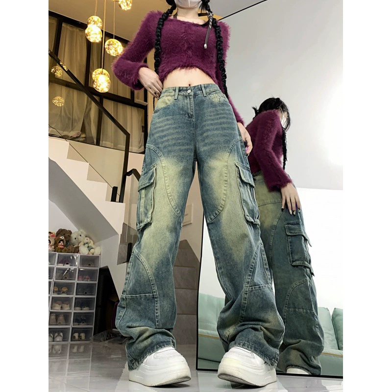 Реальный выстрел по реальной цене! Старая стирка ретро карманные джинсы орнаментальные женские прямые джинсы уличный дизайн чувство