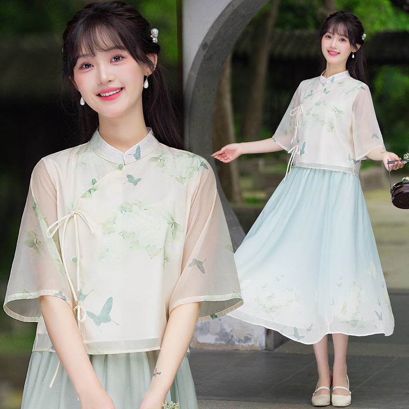 实拍新中式国风改良旗袍印花半袖上衣两件套仙气复古文艺少女套装