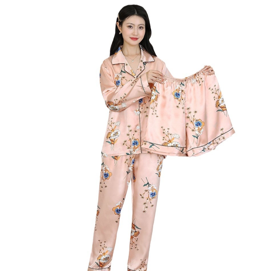 2025 nuevo estilo pijama mujer verano hielo seda fina solapa pantalones de manga corta traje de tres piezas se puede usar en el exterior