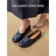 羊皮版~法式平底单鞋女2025新款一脚蹬圆头浅口奶奶鞋百搭小皮鞋