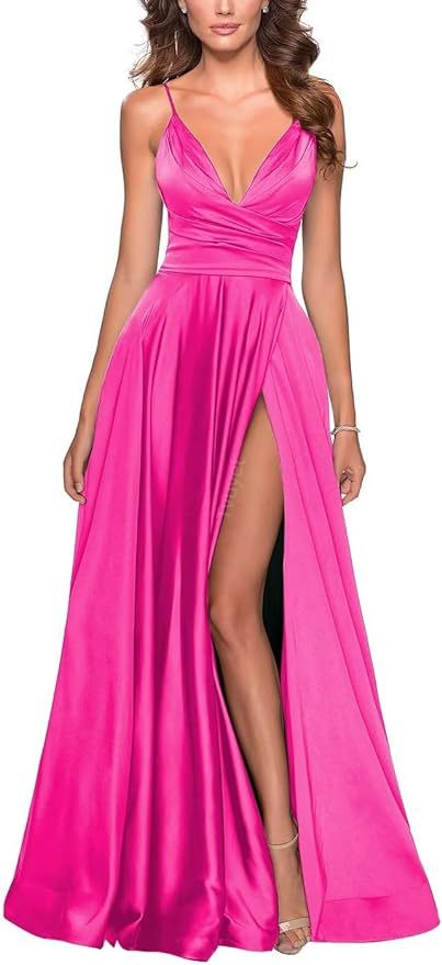 Elegante vestido de fiesta largo con cuello en V dividido, plisado de dama de honor de gasa larga, vestido formal, vestido de noche de satén