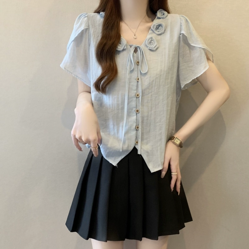 Трехмерная цветочная блузка с V-образным вырезом и короткими рукавами из шифона для женщин, лето 2025, большой размер, для полных, стильный и красивый короткий топ