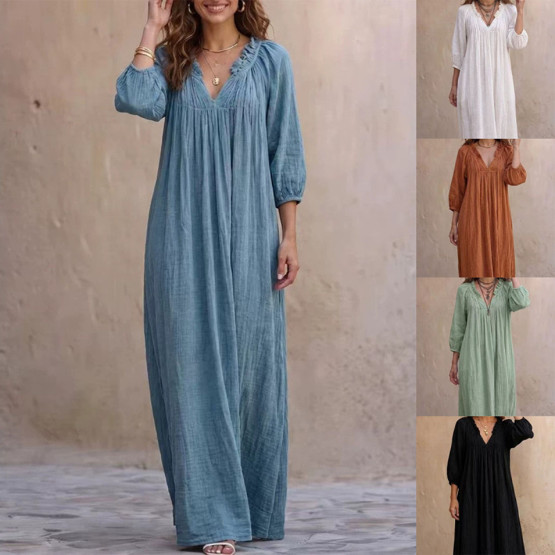 European and American cross-border women's clothing Amazon Bohemian V-neck lantern sleeve dress holiday style long cover-up dress