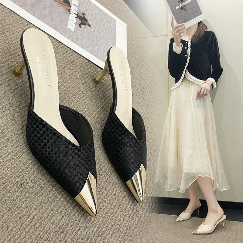 Baotou Half Slippers for Women, Summer Outer Wear, High-End Pointed Toe Stiletto High Heels, Small Heels, Exposed Heels, Mule Sandals