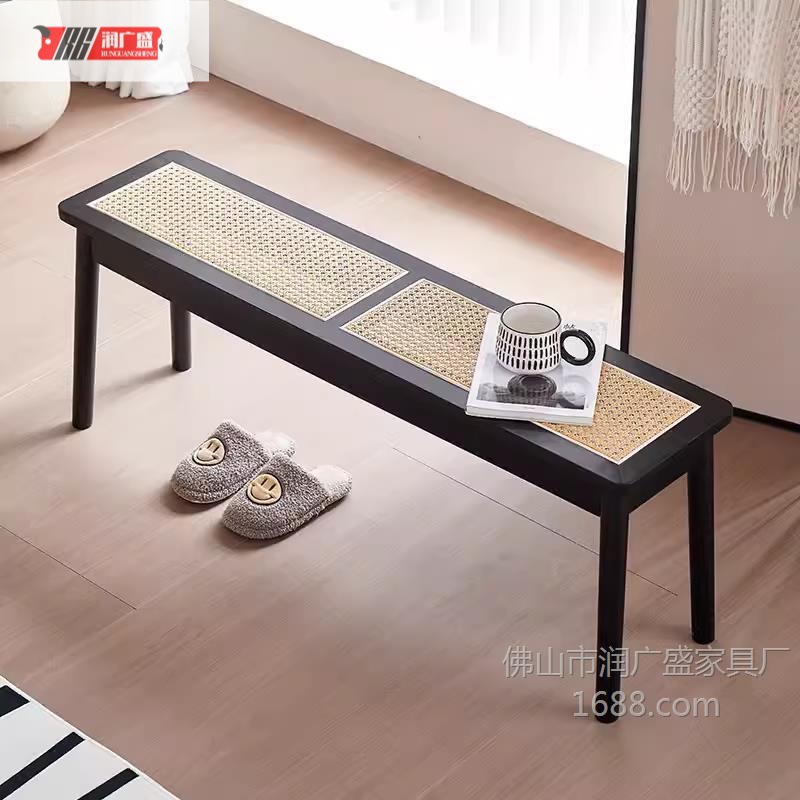 Nordic solid wood rattan bench, end-of-bed bench, vintage homestay dining room bench, beauty salon entryway shoe-changing Japanese-style bench