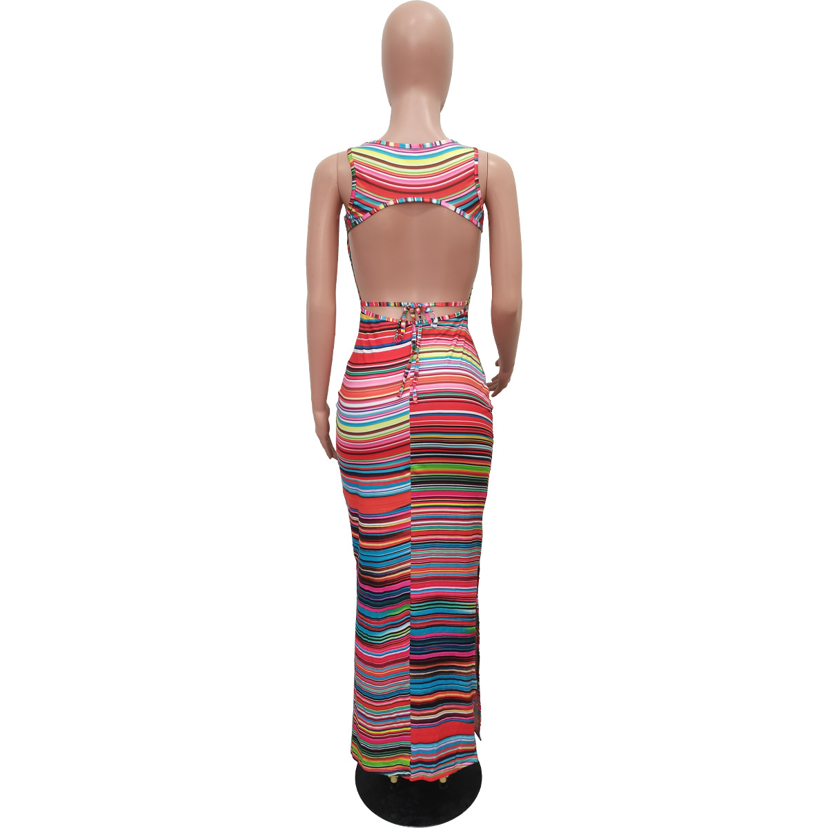 Women Clothing Spring Summer Sleeveless Colorful Printing Split Dress