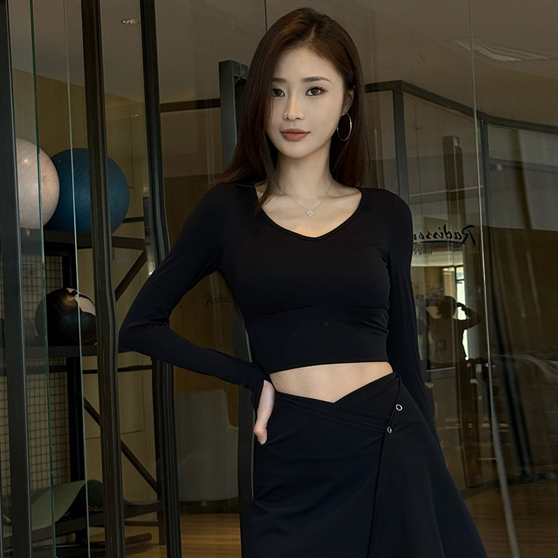 瑜伽服女秋季新款美背圆领长袖显瘦百搭短款健身服T恤运动上衣|undefined