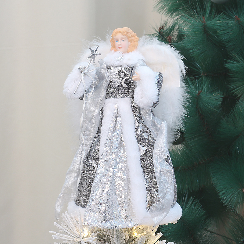 国境を越えた人気のクリスマス装飾生地エンジェルツリートップスタークリスマスツリートップオーナメントぬいぐるみ羽エンジェル付き|undefined