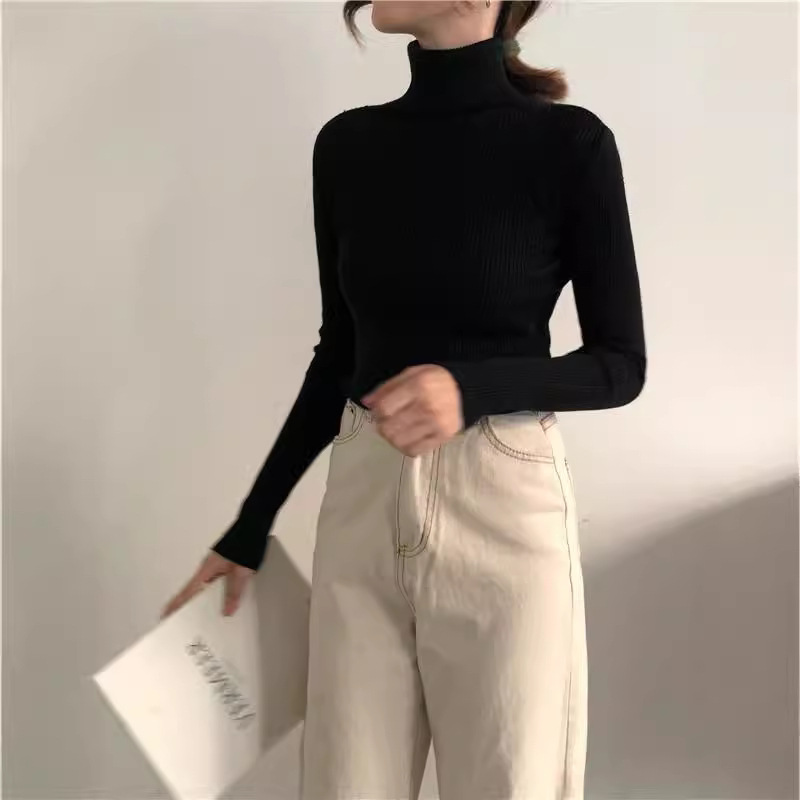 가을과 겨울을위한 여성용 터틀넥 스웨터 2025 한국식 서양식 슬림핏 니트 베이스 셔츠 외복을위한 긴 소매 풀오버 탑