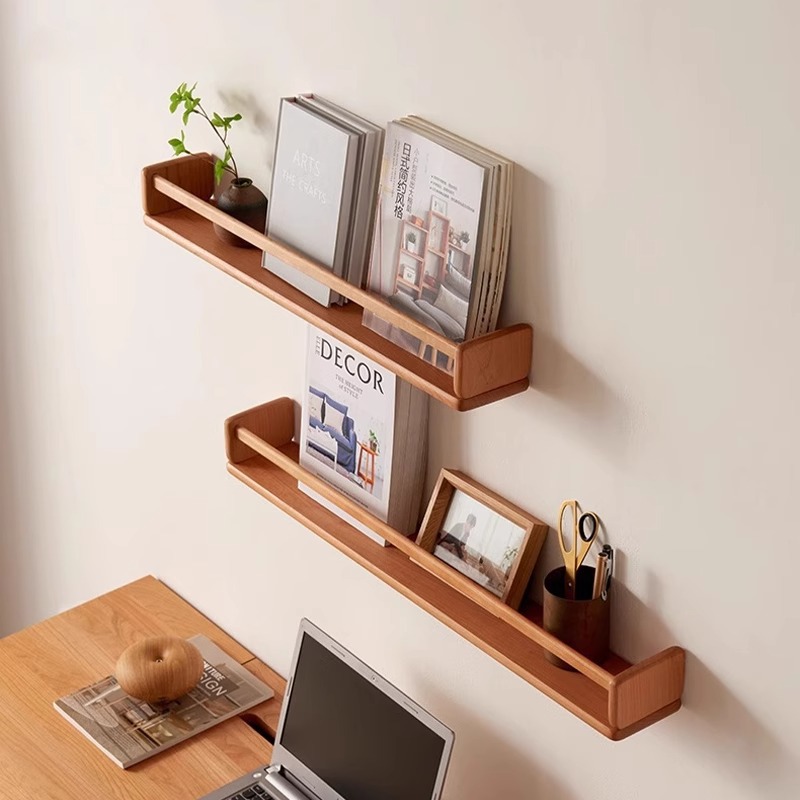 Wall-Mounted Storage Rack, No-Drill Picture Book Shelf, Solid Wood Board Wall-Mounted Organizer, Integrated Against the Wall