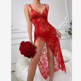 Europe and the United States cross-border sexy underwear passion coquettish lace perspective women's black transparent hollow shoulder pajamas halter nightgown