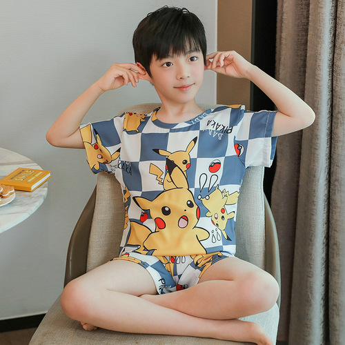 Children's Pajamas Boys Summer Ice Silk Boys Simulated Silk New Thin Medium and Large Children's Short-Sleeved Home Clothes Set