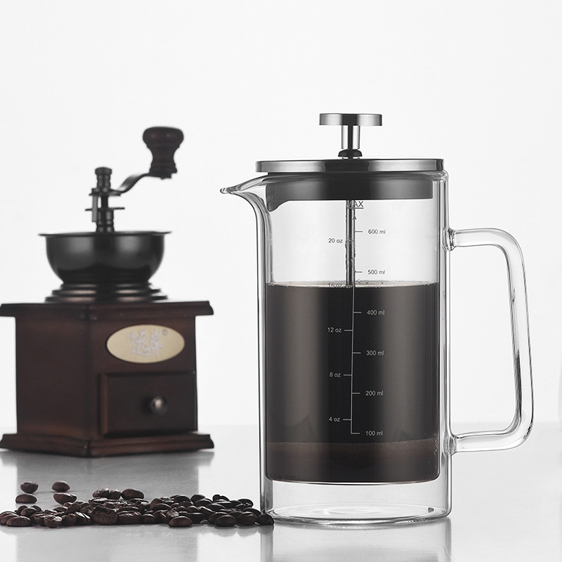 Household High Borosilicate Double Layer Pressing Pot Straight Body Double Layer Glass Coffee Pot with Scale French Filter Pressing Hand Pot Household High Borosilicate Double Layer Pressing Pot Straight Body Double Layer Glass Coffee Pot with Scale French Filter Pressing Hand Pot