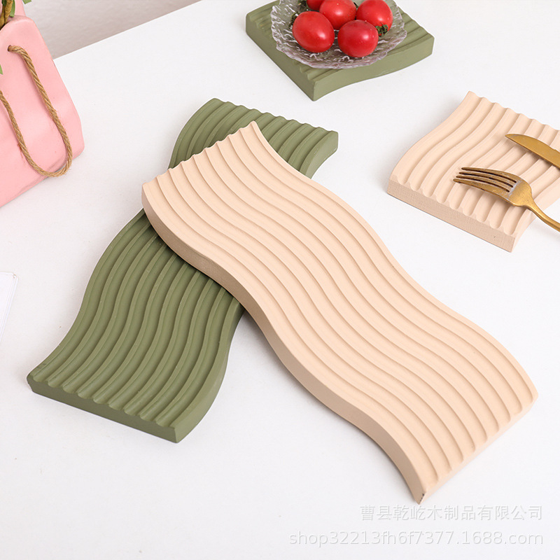 创意水波纹砧板 下午茶点心托盘 北欧风格莫兰迪杯垫 榉木蛋糕盘