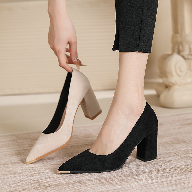 Metal Anti-Kick Thick Heel Suede Pointed Toe Solid Color High Heels for Women Versatile Work and Commuting Shoes Closed-Toe Heels for Women Wide Fit Metal Anti-Kick Thick Heel Suede Pointed Toe Solid Color High Heels for Women Versatile Work and Commuting Shoes Closed-Toe Heels for Women Wide Fit