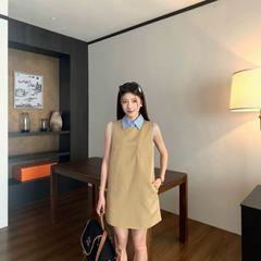 25 早春の新作 Nanyou miu レトロ文学パッチ刺繍文字スプライシングチェック柄ラペルノースリーブドレス