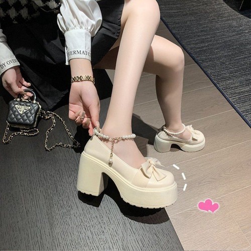 Platform Block Heel Women's Shoes 2025 Spring Summer French Stylish Height Increasing Small Leather Shoes