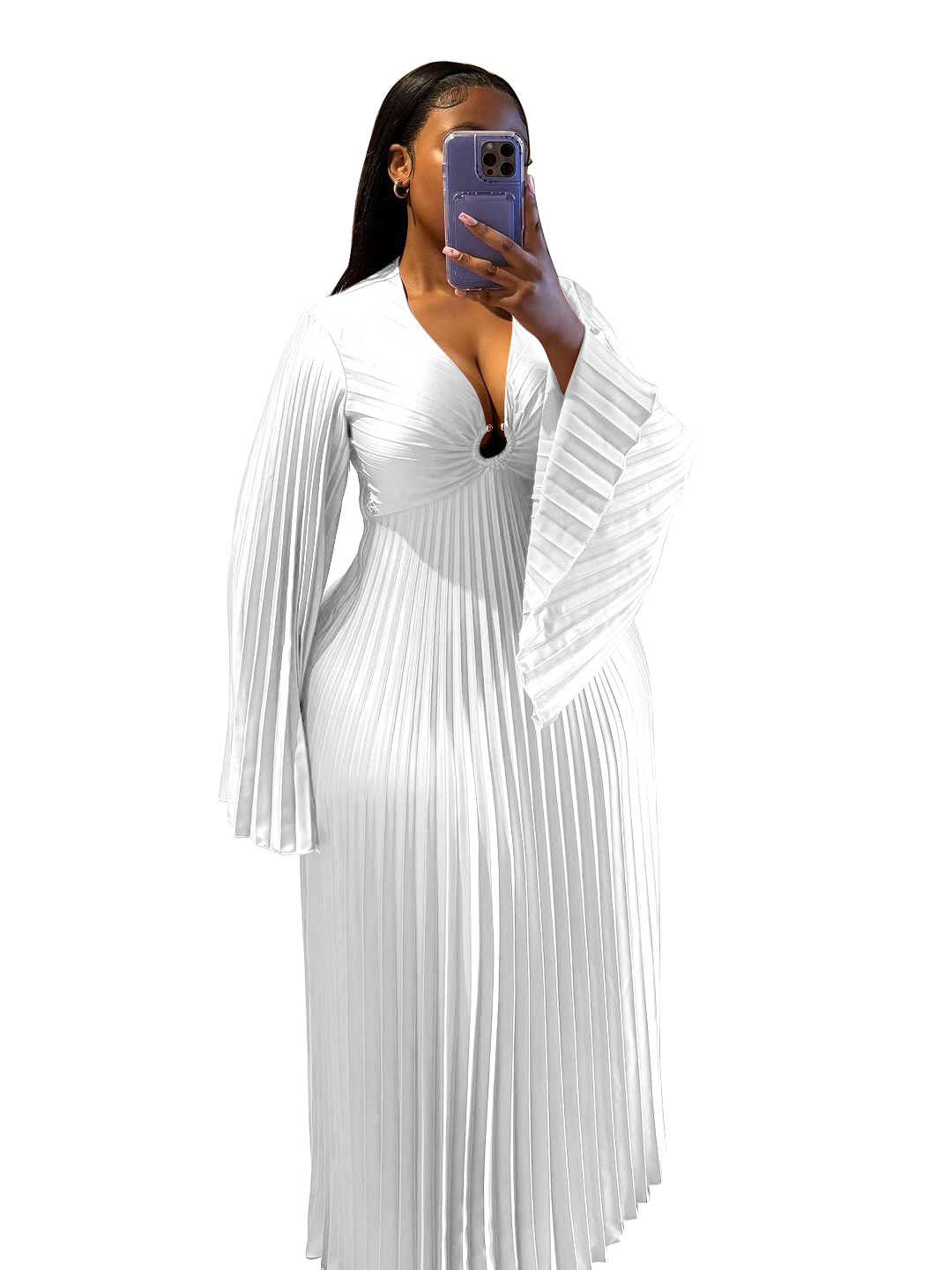 Women's Clothing Elegant Slim Fit Women's Dress V Neck Pleated Long Sleeve Solid Color Casual Spring/Autumn Dress_ecoleips.com