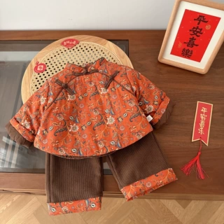 儿童碎花拜年服套装0-5岁冬季女童加厚棉服中国风裤子两件套AT193