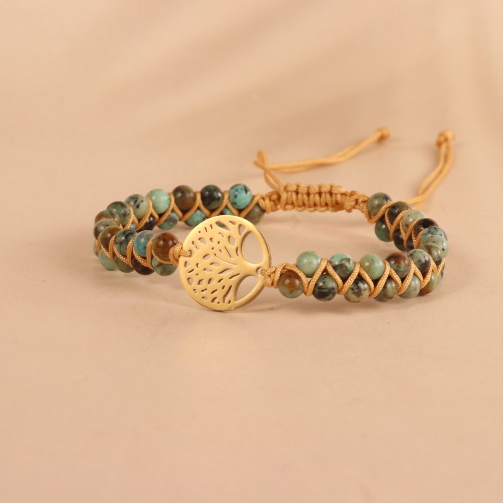 树形吊饰手链   非洲松石珠双层编织手链  跨境商品