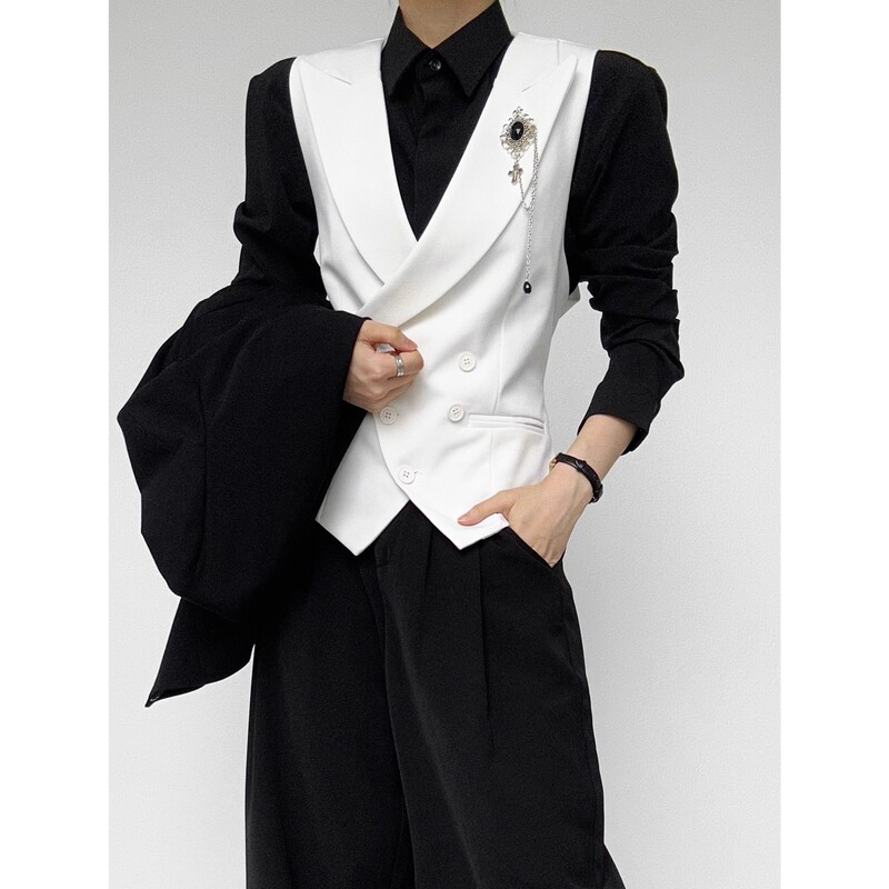 Dkjk Suit Vest Youth White Slim Fit Versatile High-End Men's and Women's Unisex Style Vest Sleeveless Waistcoat Vest Dkjk Suit Vest Youth White Slim Fit Versatile High-End Men's and Women's Unisex Style Vest Sleeveless Waistcoat Vest