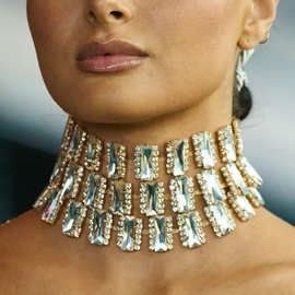 跨境新品嘻哈夸张多排水钻颈链夜店酒吧闪亮锁骨链欧美女necklace