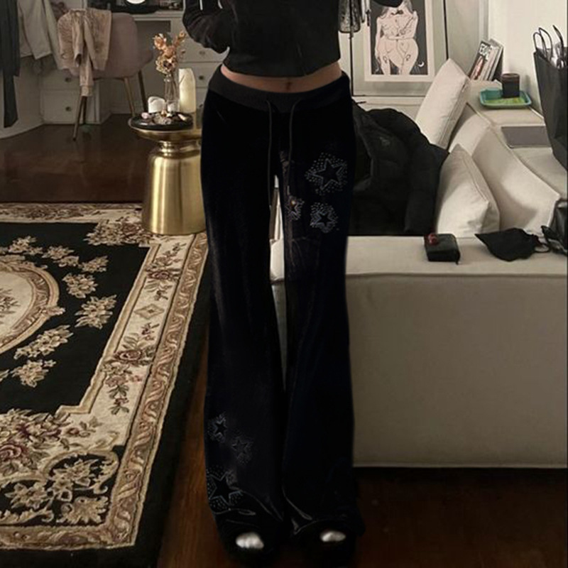 American Street Style Star Rhinestone Rowan Waistband Velvet Casual Pants Cross-Border Low-Waist Slim Fit Flared Pants