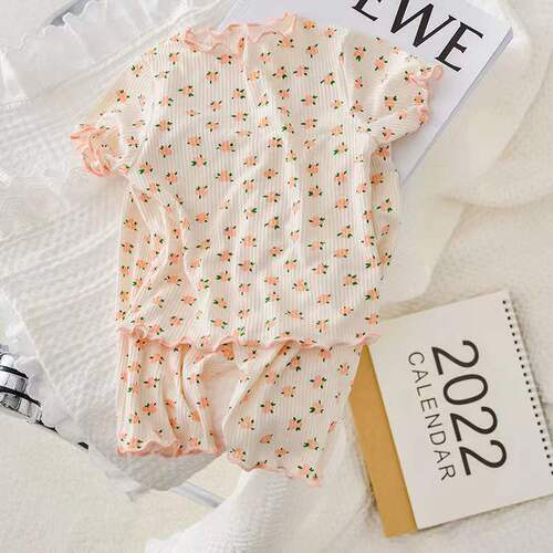 Ice Silk  Summer New Women's and Children's Outerwear Short-Sleeve Floral Set Baby Summer Outfit Two-Piece Han Style Pajamas