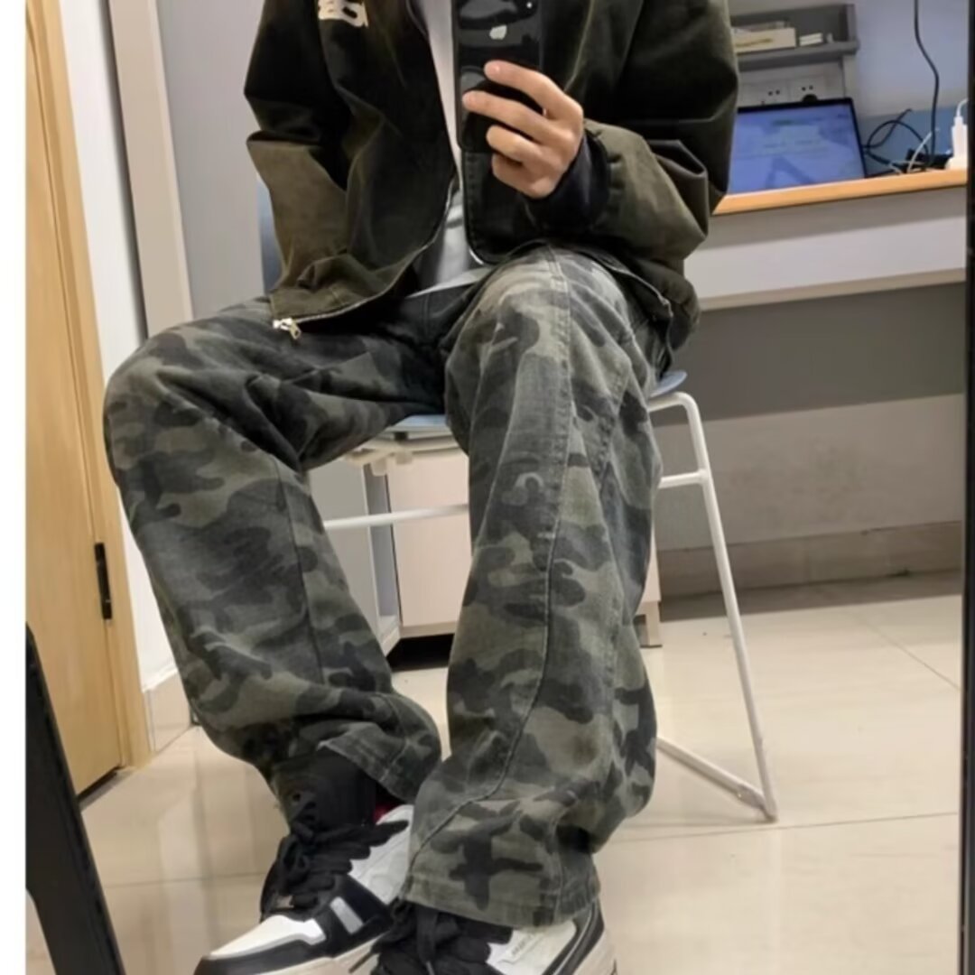 Vaqueros de camuflaje de marca de moda americana para hombres y mujeres, monos rectos de primavera y otoño, pantalones casuales anchos