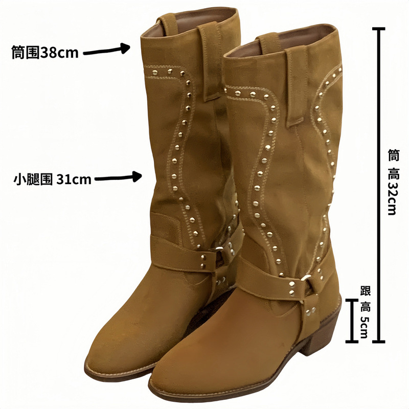 复古皮带扣铆钉西部牛仔靴女2025新款尖头粗跟百搭套筒机车靴|undefined