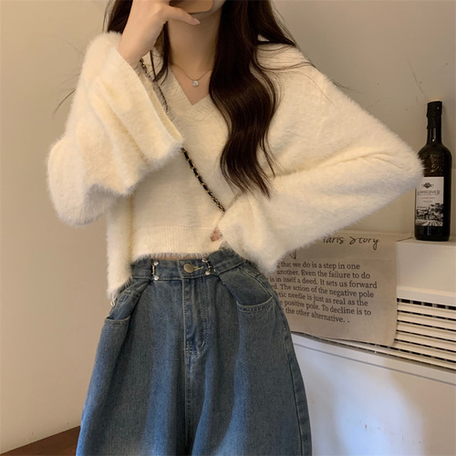 French-style atmosphere collar inner layer crew neck knitted sweater for women autumn and winter faux mink short sleeve sweater