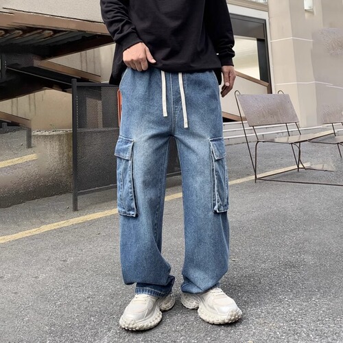 Men's Spring and Autumn New Streetwear Denim Jeans, American Washed Loose Fit Wide Leg Long Pants