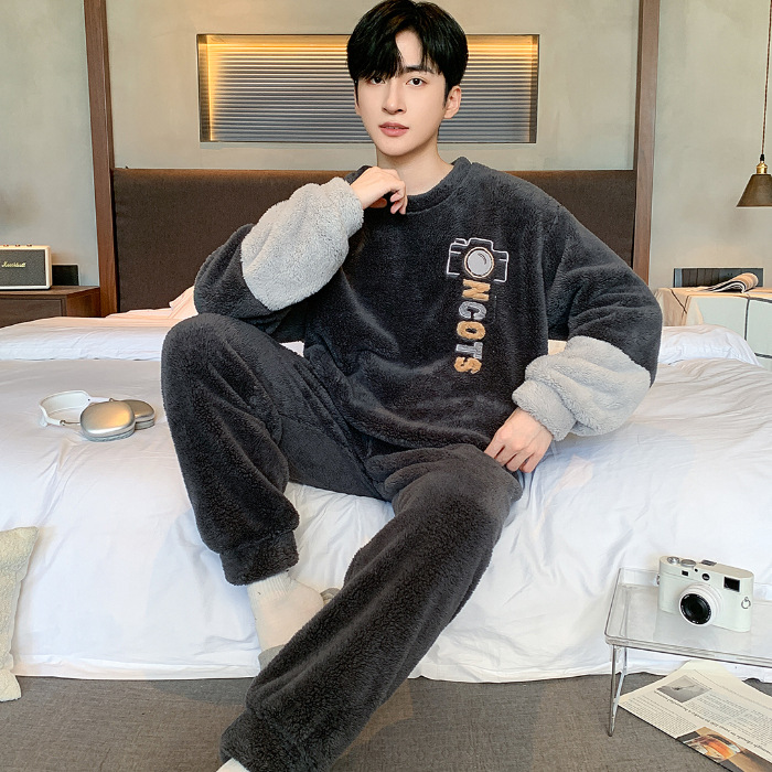 Pijamas de peluche de invierno para hombres guapo simple dibujos animados panda de peluche grueso ropa de casa de dos piezas