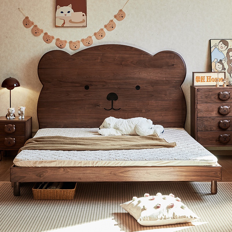 Scandinavian Black Walnut Solid Wood Kidsren's Bed Boy Girl 1.2 Bedroom Crib 1.5 Single Bed Accessible Luxury Cartoon