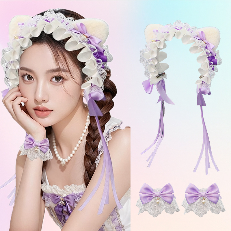 Lolita orejas de gato adornamiento de cabello arco campana de encaje borde clip de cabello banda de malla pulsera de hilo orejas de animales correa de cabello