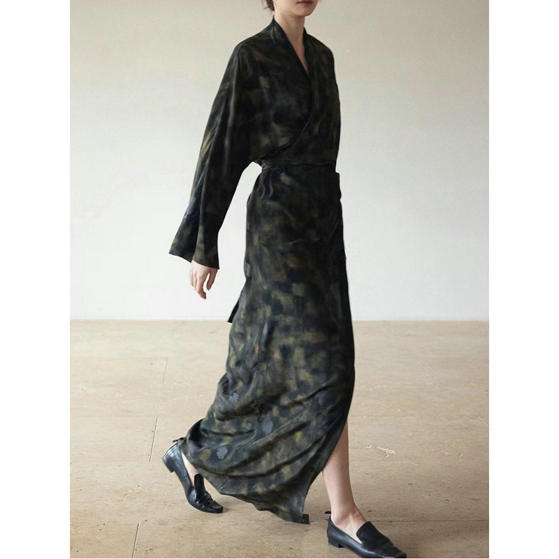 Spanish Niche ~ Silky Drape Ink Smudged Printed Silk V Neck Wrap Lace-Up Waist Dress for Women